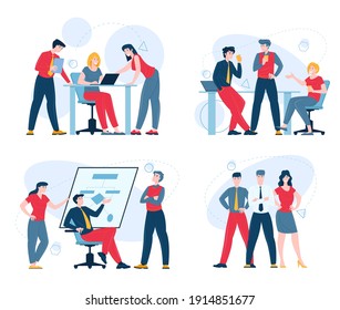 Teamwork concept, flat vector illustration. Successful team men and women taking part in business meeting, negotiation, brainstorming and collaboration.