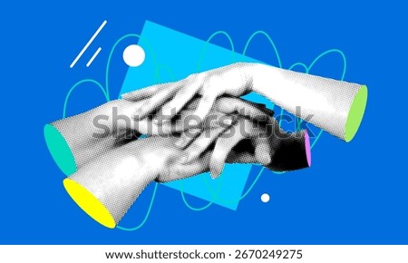 Teamwork concept. Сolleagues folding their hands together. Modern collage with bunch of peoples hands. Pile of arms folded on top of each other. Productive work. Teambuilding. Creative collaboration