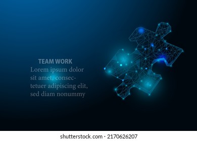 Teamwork concept with four glowing low poly jigsaw puzzle design vector illustration.
