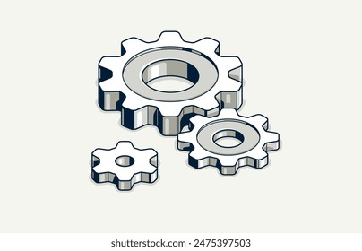 Teamwork concept, gears and cogs composition isometric 3D vector illustration, business team cooperation metaphor, mechanical engine.