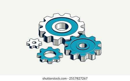 Concepto de trabajo en equipo, Ilustración vectorial isométrica 3D de la composición de engranajes y engranajes, metáfora de la cooperación del equipo del negocio, motor mecánico.