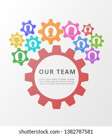 Teamwork concept with gears or cogwheels. Flat banner illustration for corporate training, business cooperation, partnership, team work, management, brainstorming, crowdsourcing, people relationship