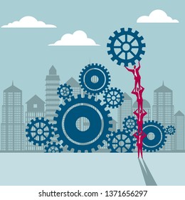 Teamwork concept, a group of businessmen lifting gears.