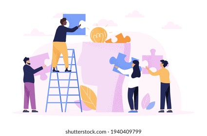 Teamwork concept with group of diverse multiethnic people loading puzzle pieces and a glowing light bulb into a human head using a ladder, flat cartoon colored vector illustration