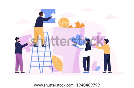 Teamwork concept with group of diverse multiethnic people loading puzzle pieces and a glowing light bulb into a human head using a ladder, flat cartoon colored vector illustration