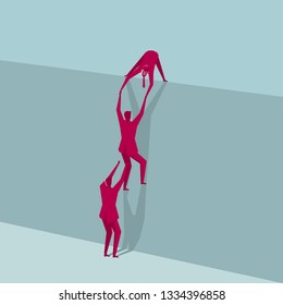 Teamwork concept. A group of people climbing, isolated on blue background.