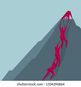 Teamwork concept. A group of people climbing, isolated on blue background.