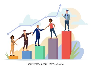 Teamwork concept. Group of people climbing graph. Company employees working together. Team building. People helping and supporting each other at work.