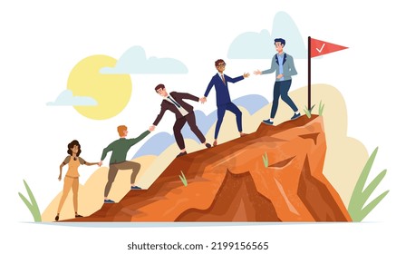 Teamwork concept. Group of people climbing a mountain. Company employees working together. Mutual achievement of the goal. Team building. People helping and supporting each other at work.