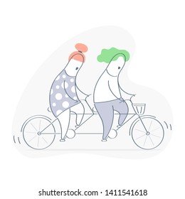 Teamwork concept, group of people are riding tandem bicycle. Successful collective teamwork and cooperation business concept. Flat outline vector illustration on white.