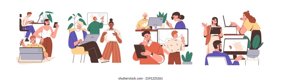 Teamwork concept. Groups of people work in teams together at business corporate projects for common goal. Working process with different tasks. Flat vector illustrations isolated on white background - Shutterstock ID 2191225261