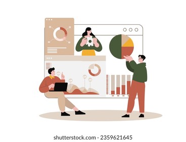 Teamwork-Konzept. Gruppen von Leuten arbeiten in Teams zusammen bei Unternehmensprojekten für gemeinsame Ziele. Arbeitsprozess mit verschiedenen Aufgaben. Vektorgrafiken.