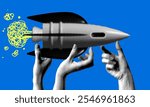 Teamwork concept. Halftone hands launching rocket. Modern collage with hands holding rocketship. Business startup, new project. Cooperation concept