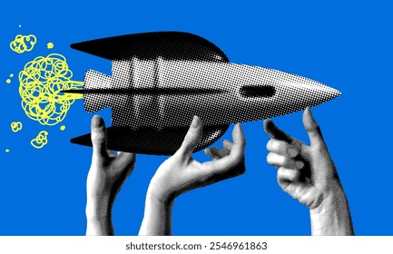 Teamwork concept. Halftone hands launching rocket. Modern collage with hands holding rocketship. Business startup, new project. Cooperation concept