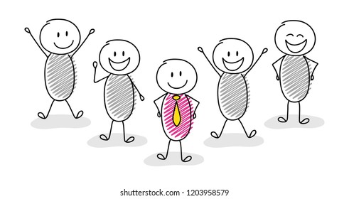 Teamwork concept with hand drawn cartoon people following the leader. Vector