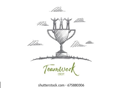 Teamwork concept. Hand drawn men and women celebrating success teamwork. Command of winners and cup isolated vector illustration.