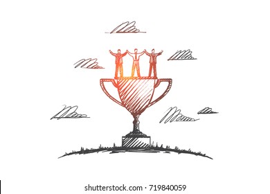 Teamwork concept. Hand drawn men and women celebrating success teamwork. Command of winners and cup isolated vector illustration.