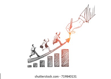 Concepto de trabajo en equipo. Hombres y mujeres dibujados a mano subiendo. Gente trabajando juntos ilustraciones vectoriales aisladas.