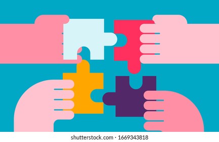 Teamwork concept. Hand holds color puzzle. Flat design. Vector illustration