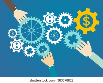 teamwork concept - hands and gears