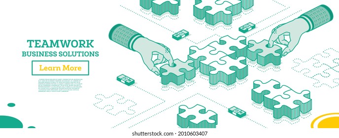 Teamwork Concept. Hands Hold Pieces of Puzzle and Try to Connect It. Vector Illustration. Outline Isometric Concept. Business Solution. Infographic Element.