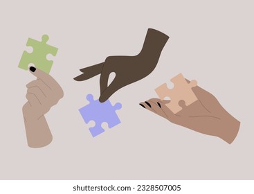A teamwork concept, hands holding colorful pieces of puzzle