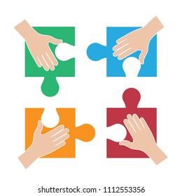 Teamwork concept, hands holding puzzle icon isolated on white background. Teamwork concept for web site, marketing, app and logo. Creative business design, vector illustration, eps 10