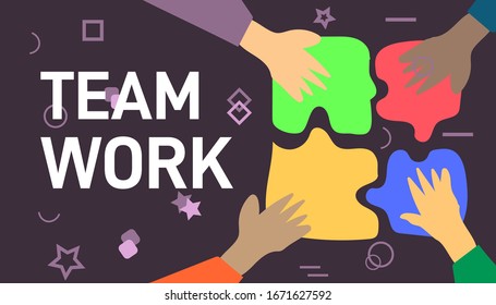  Concepto de trabajo en equipo. Manos sosteniendo piezas de rompecabezas. Ilustración vectorial plana en equipo y trabajo en equipo. Trabajadores trabajando en el puzzle puzzle de las manos.