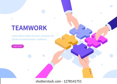 Teamwork  concept with  hands and puzzle. Can use for web banner, infographics, hero images. Flat isometric vector illustration isolated on white background.