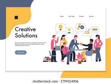 Teamwork concept horizontal banner for website landing page with editable text links people and thought bubbles vector illustration