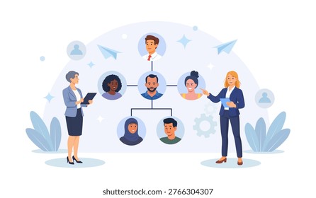 Teamwork concept. HR manager building team to create strategic advantage. Recruitment and job management. Recruiter organizes diverse team. Reorganization or change team structure for efficiency