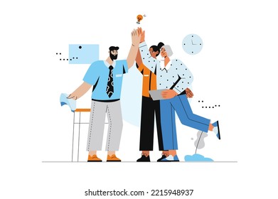 Teamwork concept with human scene in flat style. Man and women work together, high five and celebrate success work, collaborating in job together. Vector illustration with character design for web
