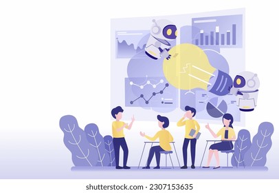 Teamwork concept. Humans and robots work together on a project. By combining unique strengths to create creativity. Efficient management and successful development. Flat vector illustration.