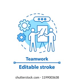 Teamwork concept icon. Business presentation idea thin line illustration. Partnership. Conference. Training. Vector isolated outline drawing. Editable stroke