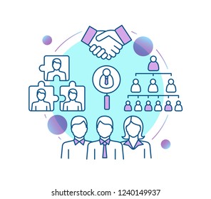 Teamwork concept icon. Partnership idea thin line illustration. Staff management. Leadership. Headhunting. Vector isolated outline drawing