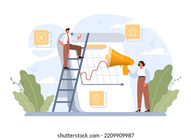 Teamwork concept. Idea of partnership and cooperation on the way towards a success, business profit and financial growth. Co-workers collaboration for project development. Flat vector illustration
