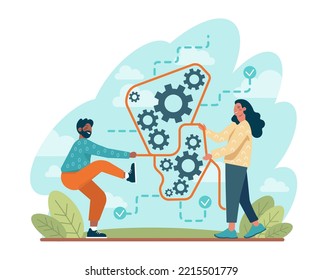 Teamwork-Konzept. Idee von Partnerschaft und Zusammenarbeit auf dem Weg zu Erfolg, Gewinn für Unternehmen und Finanzwachstum. Zusammenarbeit der Mitarbeiter bei der Projektentwicklung. Flache Vektorgrafik