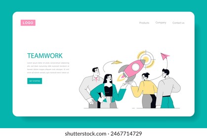 Teamwork concept. Illustration of a collaborative team launching a rocket together, representing unity and shared objectives. Vector illustration.