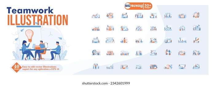 Teamwork concept illustration, collection of male and female business people scenes in the teamwork scene. mega set flat vector modern illustration