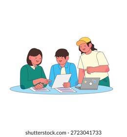 Ilustración de concepto de trabajo en equipo con personajes lindos que colaboran en el proyecto en la oficina