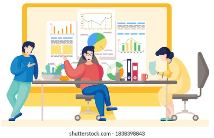 Teamwork concept. Illustration joint work in the company. Office workers communicate, solve business development issues, collaboration and discussion graphical business report with charts and graphs