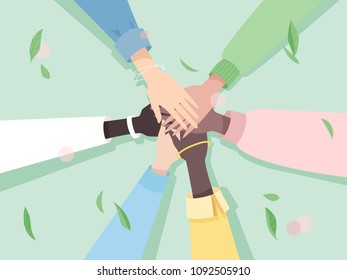 Teamwork concept illustration of people working together as team. People putting their hands together
