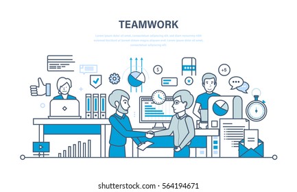 Teamwork concept. Illustration thin line design of vector doodles, infographics elements.