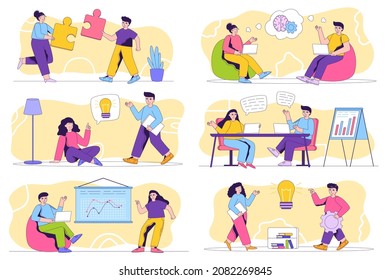 Teamwork concept isolated person situations. Collection of scenes with people colleagues collaborate, complete tasks, create ideas, brainstorm at office. Mega set. Vector illustration in flat design