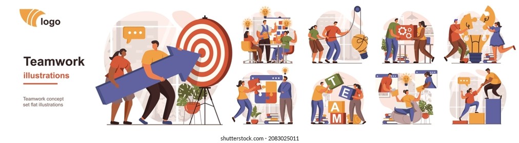 Teamwork concept isolated person situations. Collection of scenes with people collaborate, generate ideas, targeting, leadership, achieve business goals. Mega set. Vector illustration in flat design