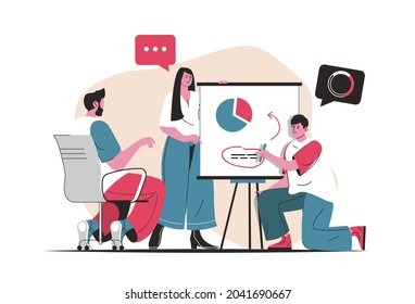 El concepto de trabajo en equipo aislado. Equipo trabajando juntos, intercambio de ideas y análisis de datos. Escena de personas en diseño de dibujos animados planos. Ilustración vectorial para blogs, sitio web, aplicación móvil, materiales promocionales.