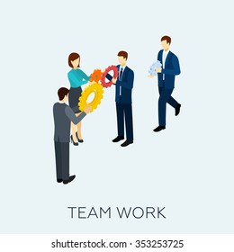 Teamwork concept with isometric business people and cogwheel mechanism vector illustration