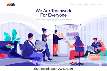 Teamwork concept isometric landing page. People listen to report presentation, discuss work tasks, brainstorming, collaboration, 3d web banner. Vector illustration in flat design for website template