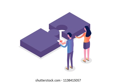 Teamwork concept isometric, people working together, business team solution. Vector illustration.