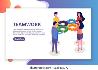 Teamwork concept isometric, people working together, business team solution. Vector illustration.